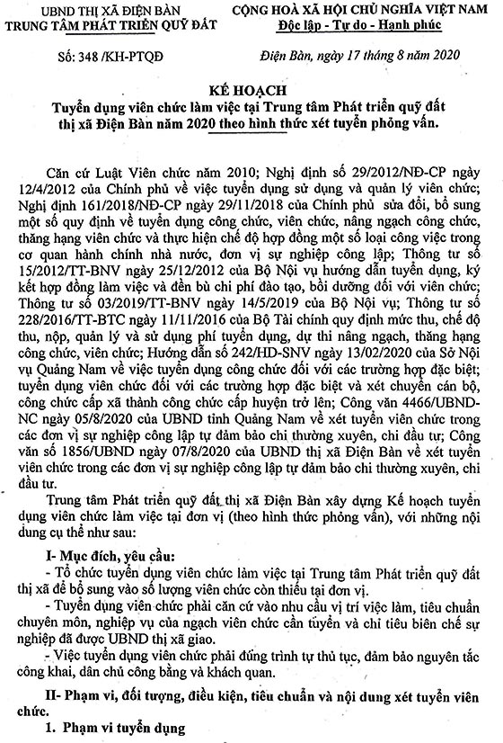 Trung tâm Phát triển quỹ đất Tx.Điện Bàn, Quảng Nam tuyển dụng viên chức năm 2020