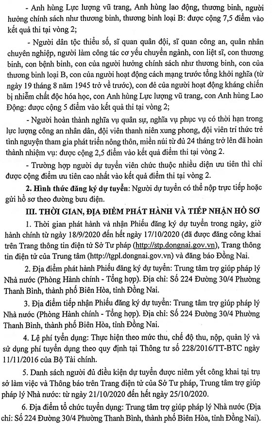 Trung tâm trợ giúp Pháp lý Nhà nước tỉnh Đồng Nai tuyển dụng viên chức năm 2020