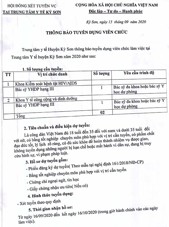 Trung tâm Y tế huyện Kỳ Sơn, Nghệ An tuyển dụng viên chức năm 2020