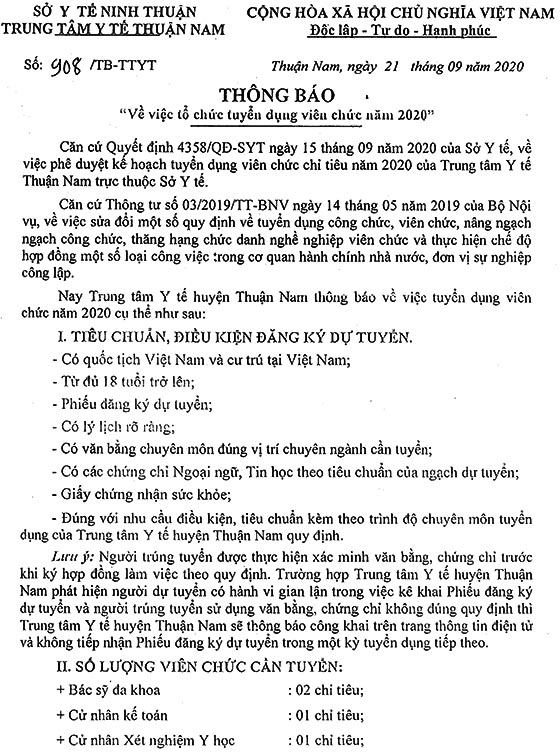 Trung tâm Y tế huyện Thuận Nam, Ninh Thuận tuyển dụng viên chức năm 2020