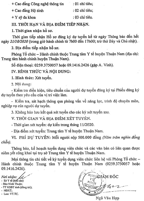 Trung tâm Y tế huyện Thuận Nam, Ninh Thuận tuyển dụng viên chức năm 2020