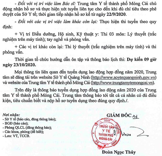 Trung tâm Y tế TP.Móng Cái, Quảng Ninh tuyển dụng hợp đồng lao động năm 2020