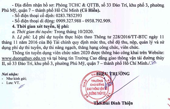 Trường Cao đẳng giao thông vận tải đường thủy II, TP.HCM tuyển dụng viên chức đợt 2 năm 2020