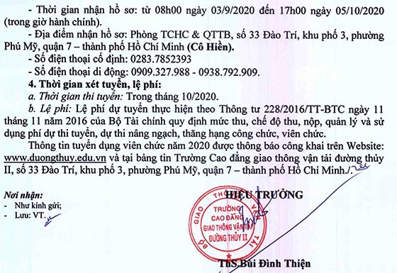 Trường Cao đẳng giao thông vận tải đường thủy II, TP.HCM tuyển dụng viên chức năm 2020