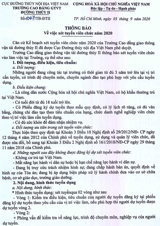 Trường Cao đẳng giao thông vận tải đường thủy II, TP.HCM tuyển dụng viên chức năm 2020