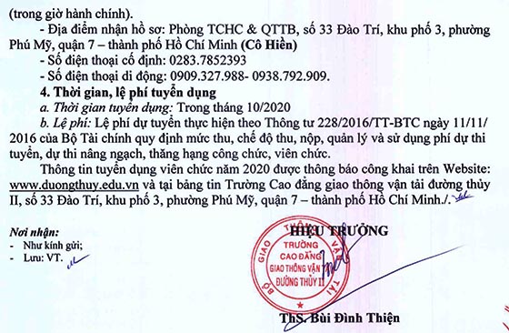 Trường Cao đẳng giao thông vận tải đường thủy II, TP.HCM tuyển dụng viên chức năm 2020