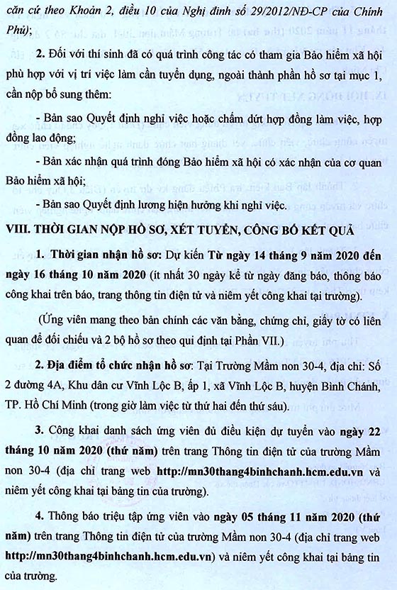 Trường Mầm non 30-4, Bình Chánh, TP.HCM tuyển dụng viên chức năm học 2020-2021
