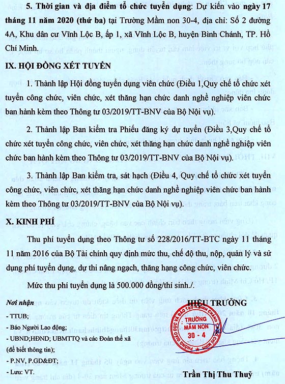 Trường Mầm non 30-4, Bình Chánh, TP.HCM tuyển dụng viên chức năm học 2020-2021