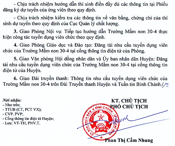 Trường Mầm non 30-4, Bình Chánh, TP.HCM tuyển dụng viên chức năm học 2020-2021