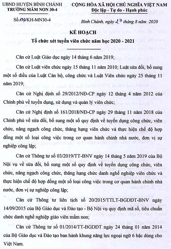 Trường Mầm non 30-4, Bình Chánh, TP.HCM tuyển dụng viên chức năm học 2020-2021