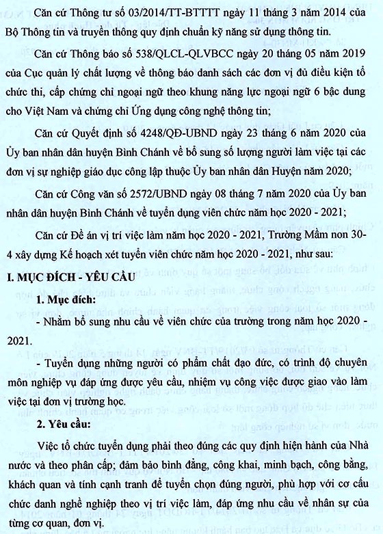 Trường Mầm non 30-4, Bình Chánh, TP.HCM tuyển dụng viên chức năm học 2020-2021