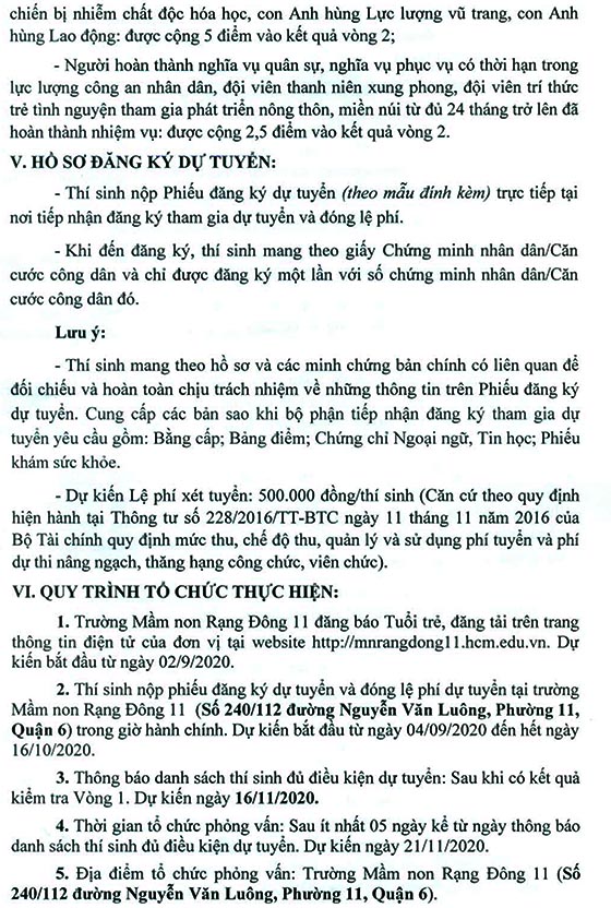Trường Mầm non Rạng Đông 11, Quận 6, TP.HCM tuyển dụng viên chức năm 2020 (Đợt 1)