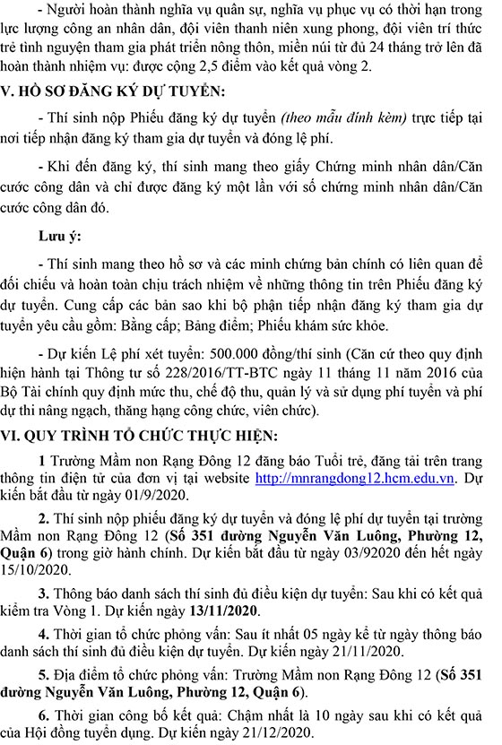 Trường Mầm non Rạng Đông 12, Quận 6, TP.HCM tuyển dụng viên chức năm 2020 (Đợt 1)