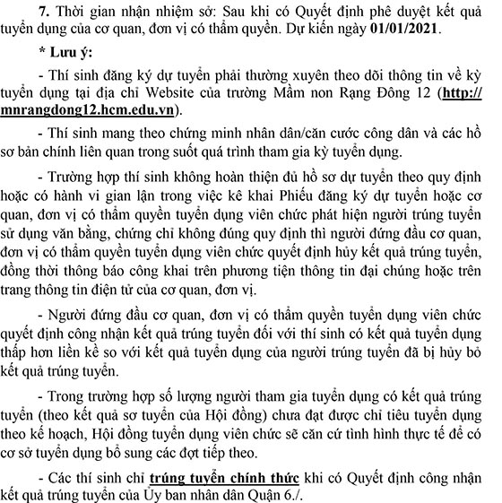 Trường Mầm non Rạng Đông 12, Quận 6, TP.HCM tuyển dụng viên chức năm 2020 (Đợt 1)