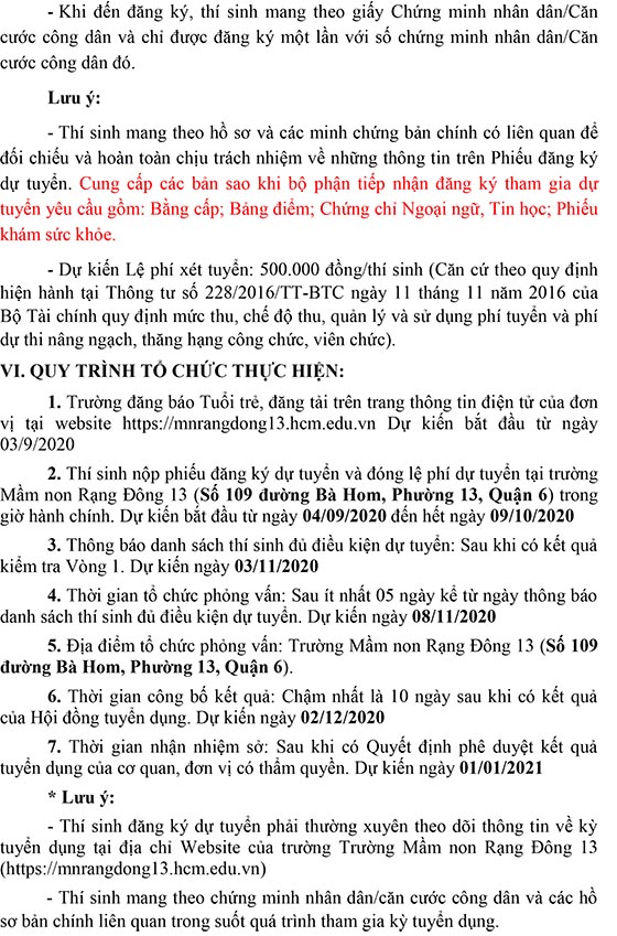 Trường Mầm non Rạng Đông 13, Quận 6, TP.HCM tuyển dụng viên chức năm 2020 (Đợt 1)
