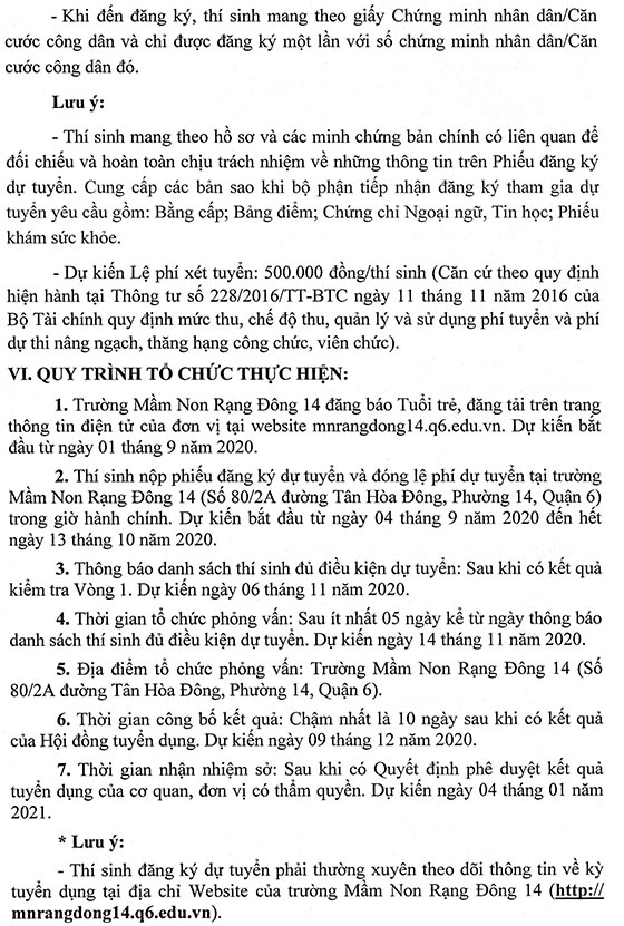 Trường Mầm non Rạng Đông 14, Quận 6, TP.HCM tuyển dụng viên chức năm 2020 (Đợt 1)