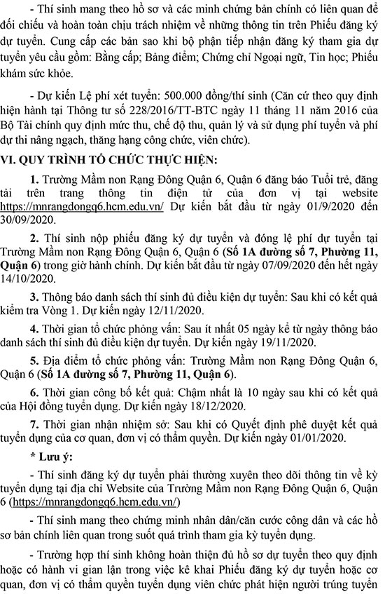 Trường Mầm non Rạng Đông Quận 6, TP.HCM tuyển dụng viên chức năm 2020 (Đợt 1)
