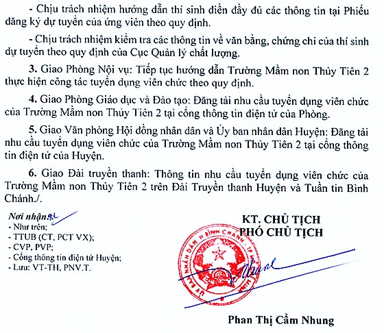Trường Mầm non Thủy Tiên 2, Bình Chánh, TP.HCM tuyển dụng viên chức năm học 2020-2021