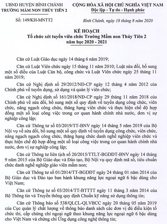 Trường Mầm non Thủy Tiên 2, Bình Chánh, TP.HCM tuyển dụng viên chức năm học 2020-2021