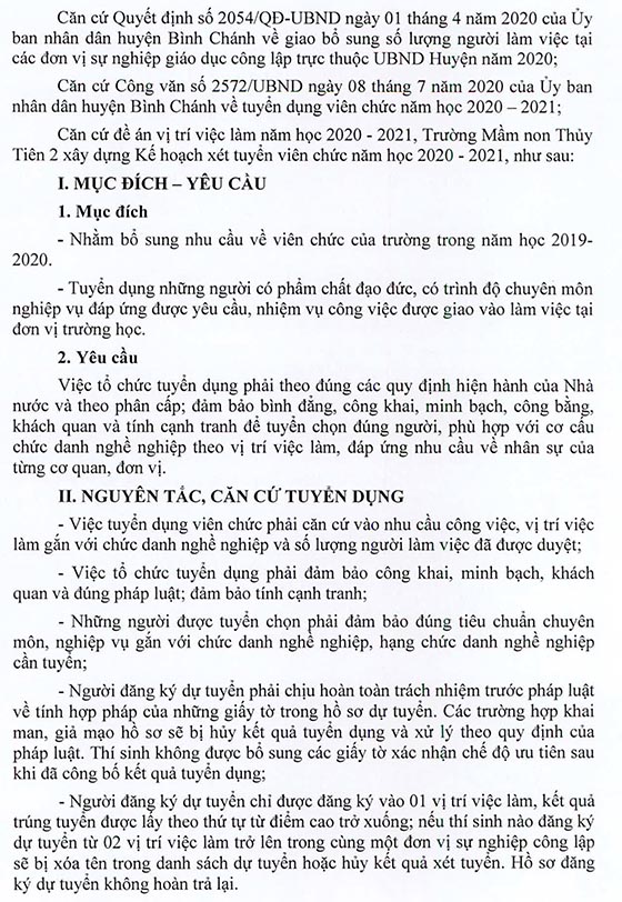 Trường Mầm non Thủy Tiên 2, Bình Chánh, TP.HCM tuyển dụng viên chức năm học 2020-2021