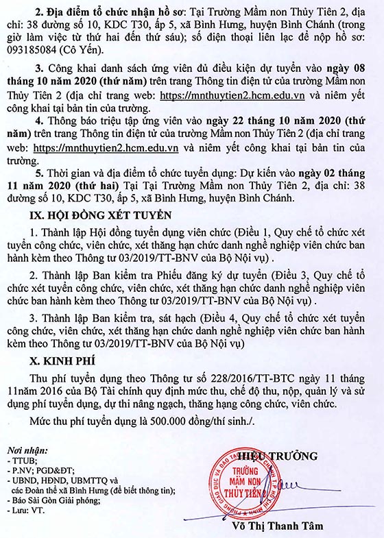 Trường Mầm non Thủy Tiên 2, Bình Chánh, TP.HCM tuyển dụng viên chức năm học 2020-2021