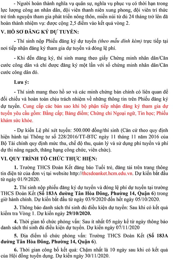 Trường THCS Đoàn Kết, Quận 6, TP.HCM tuyển dụng viên chức năm 2020 (Đợt 1)