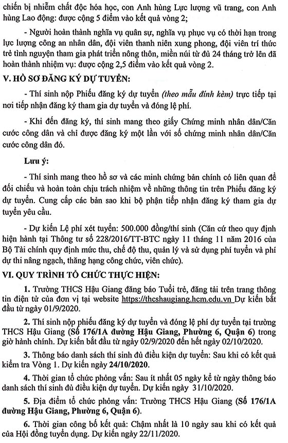 Trường THCS Hậu Giang, Quận 6, TP.HCM tuyển dụng viên chức năm 2020 (Đợt 1)