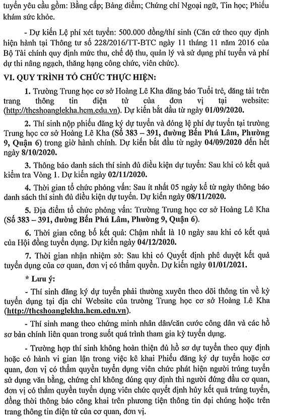 Trường THCS Hoàng Lê Kha, Quận 6, TP.HCM tuyển dụng viên chức năm 2020