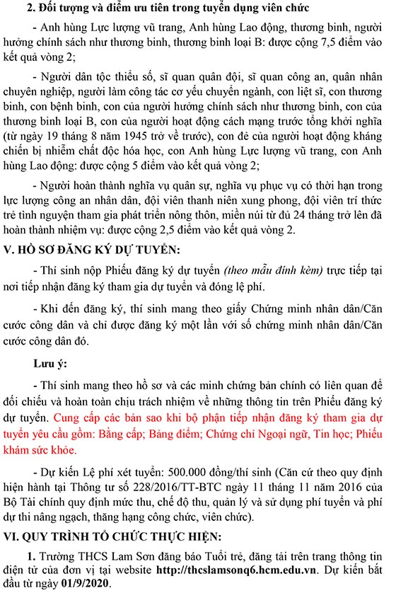 Trường THCS Lam Sơn, Quận 6, TP.HCM tuyển dụng viên chức năm 2020 (Đợt 1)