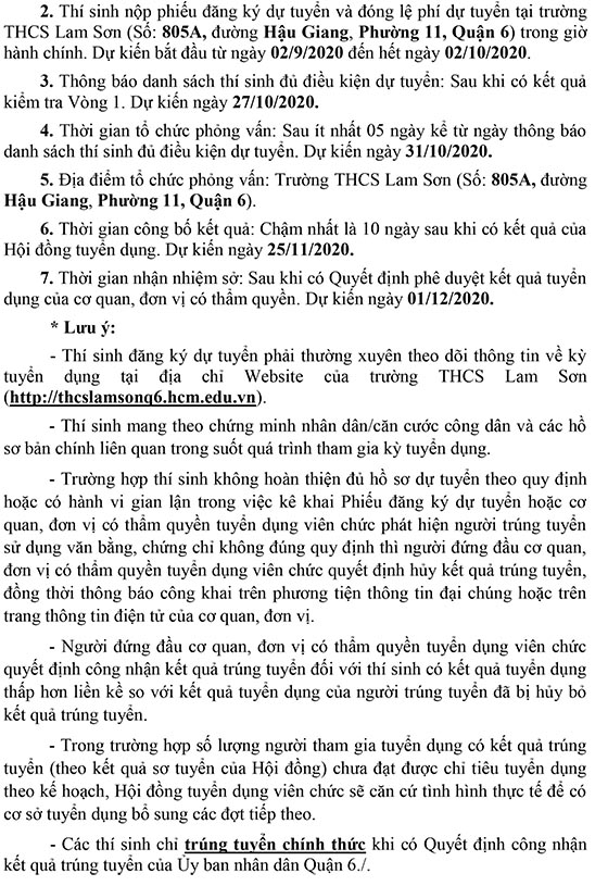 Trường THCS Lam Sơn, Quận 6, TP.HCM tuyển dụng viên chức năm 2020 (Đợt 1)