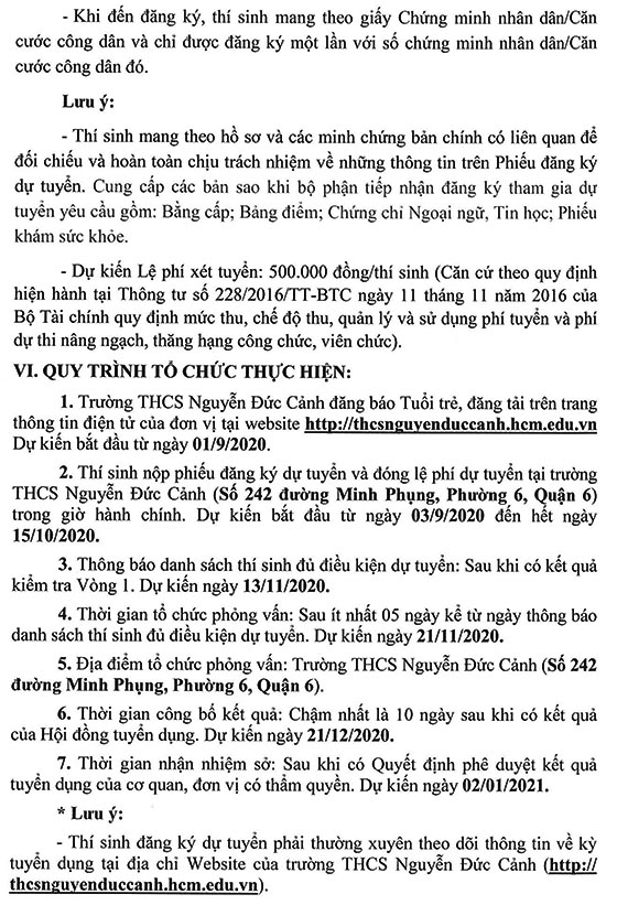 Trường THCS Nguyễn Đức Cảnh, Quận 6, TP.HCM tuyển dụng viên chức năm 2020 (Đợt 1)