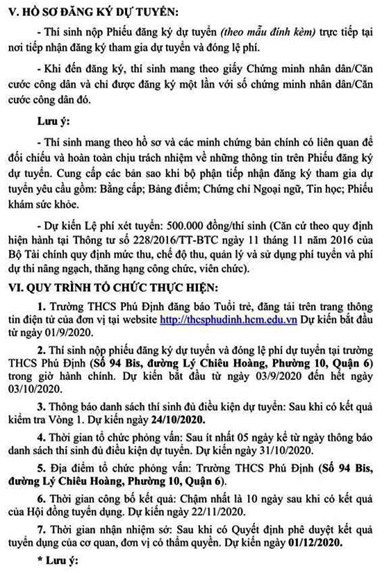 Trường THCS Phú Định, Quận 6, TP.HCM tuyển dụng viên chức năm 2020 (Đợt 1)