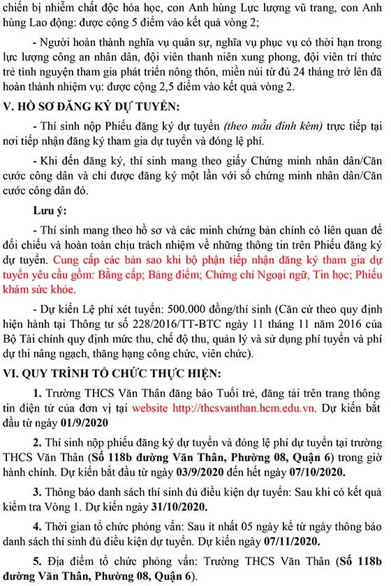 Trường THCS Văn Thân, Quận 6, TP.HCM tuyển dụng viên chức năm 2020 (Đợt 1)