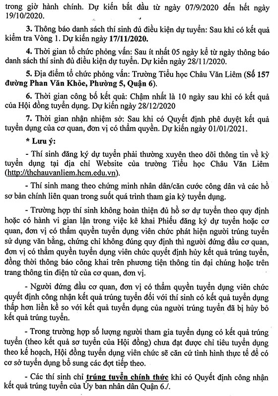 Trường Tiểu học Châu Văn Liêm, Quận 6, TP.HCM tuyển dụng viên chức năm 2020 (Đợt 1)
