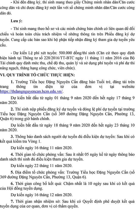 Trường Tiểu học Đặng Nguyên Cẩn, Quận 6, TP.HCM tuyển dụng viên chức năm 2020 (Đợt 1)