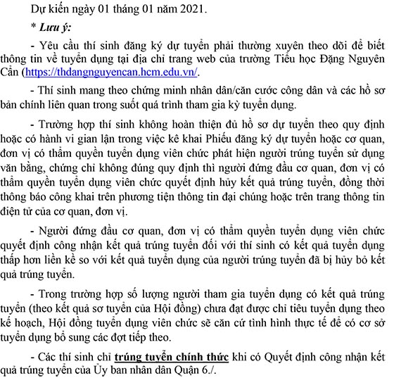 Trường Tiểu học Đặng Nguyên Cẩn, Quận 6, TP.HCM tuyển dụng viên chức năm 2020 (Đợt 1)