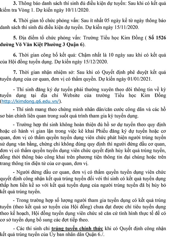 Trường Tiểu học Kim Đồng, Quận 6, TP.HCM tuyển dụng viên chức năm 2020 (Đợt 1)