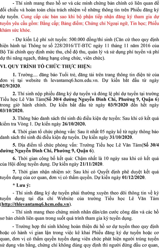 Trường Tiểu học Lê Văn Tám, Quận 6, TP.HCM tuyển dụng viên chức năm 2020 (Đợt 1)