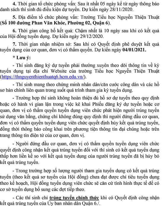 Trường Tiểu học Nguyễn Thiện Thuật, Quận 6, TP.HCM tuyển dụng viên chức năm 2020 (Đợt 1)
