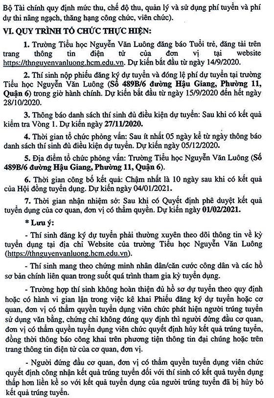 Trường Tiểu học Nguyễn Văn Luông, Quận 6, TP.HCM tuyển dụng viên chức năm 2020 (Đợt 1)