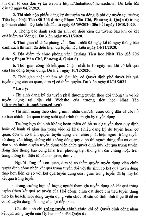 Trường Tiểu học Nhật Tảo, Quận 6, TP.HCM tuyển dụng viên chức năm 2020 (Đợt 1)