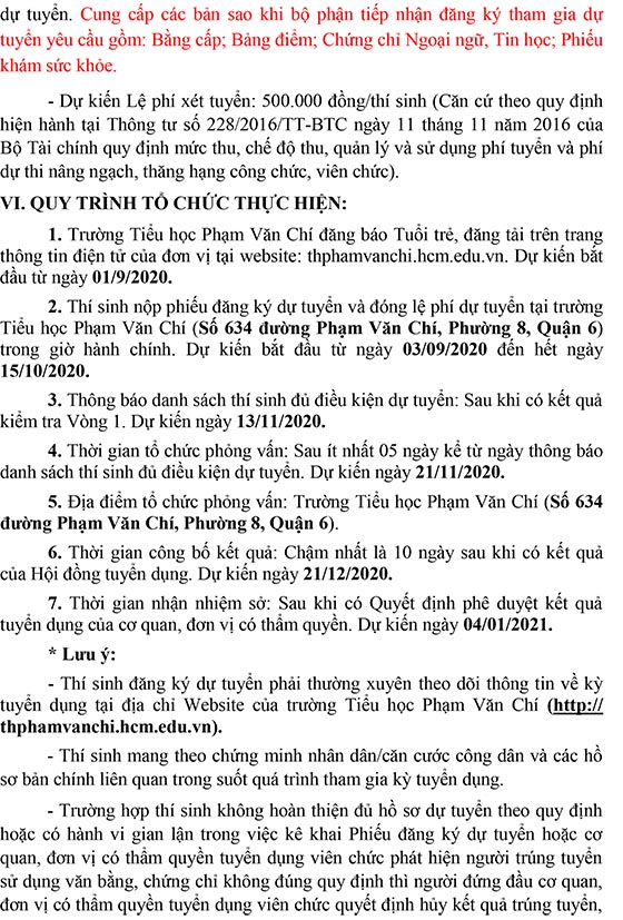 Trường Tiểu học Phạm Văn Chí, Quận 6, TP.HCM tuyển dụng viên chức năm 2020 (Đợt 1)