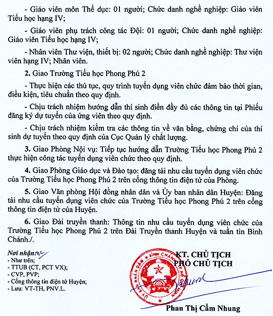 Trường Tiểu học Phong Phú 2, Bình Chánh, TP.HCM tuyển dụng viên chức năm học 2020-2021