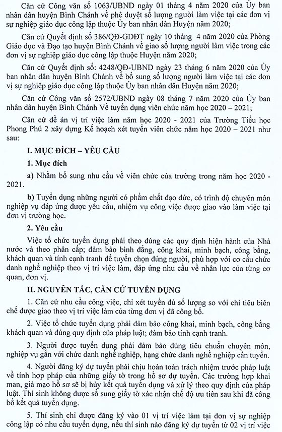 Trường Tiểu học Phong Phú 2, Bình Chánh, TP.HCM tuyển dụng viên chức năm học 2020-2021