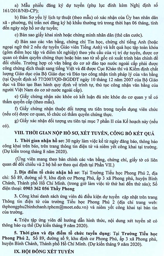 Trường Tiểu học Phong Phú 2, Bình Chánh, TP.HCM tuyển dụng viên chức năm học 2020-2021