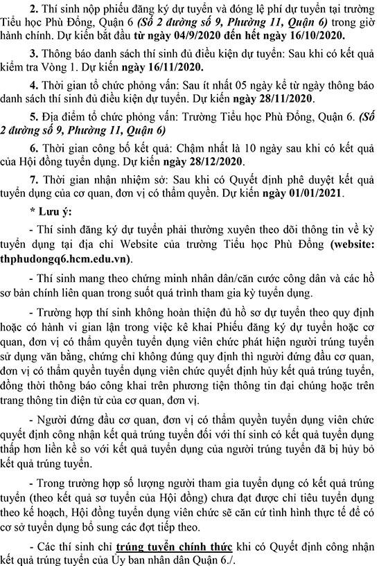 Trường Tiểu học Phù Đổng, Quận 6, TP.HCM tuyển dụng viên chức năm 2020 (Đợt 1)
