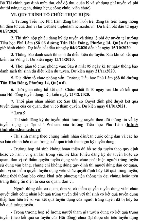 Trường Tiểu học Phú Lâm, Quận 6, TP.HCM tuyển dụng viên chức năm 2020 (Đợt 1)
