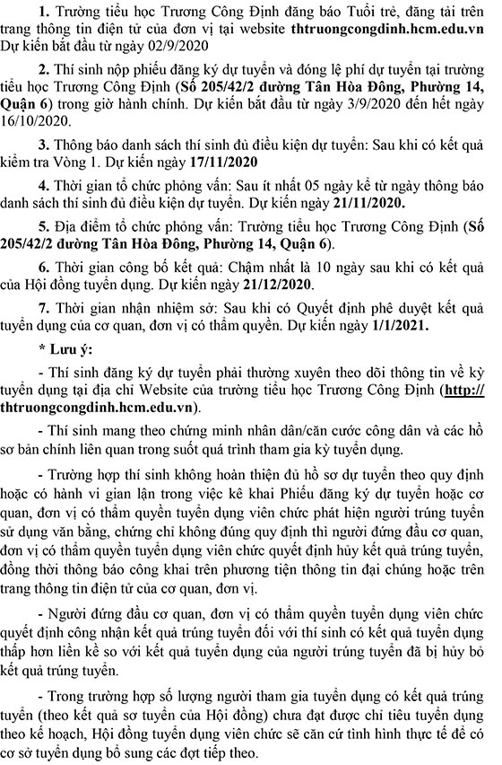 Trường Tiểu học Trương Công Định, Quận 6, TP.HCM tuyển dụng viên chức năm 2020 (Đợt 1)