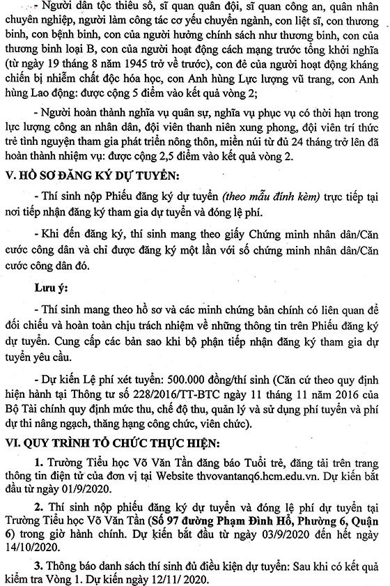 Trường Tiểu học Võ Văn Tần, Quận 6, TP.HCM tuyển dụng viên chức năm 2020 (Đợt 1)
