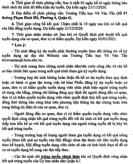 Trường Tiểu học Võ Văn Tần, Quận 6, TP.HCM tuyển dụng viên chức năm 2020 (Đợt 1)